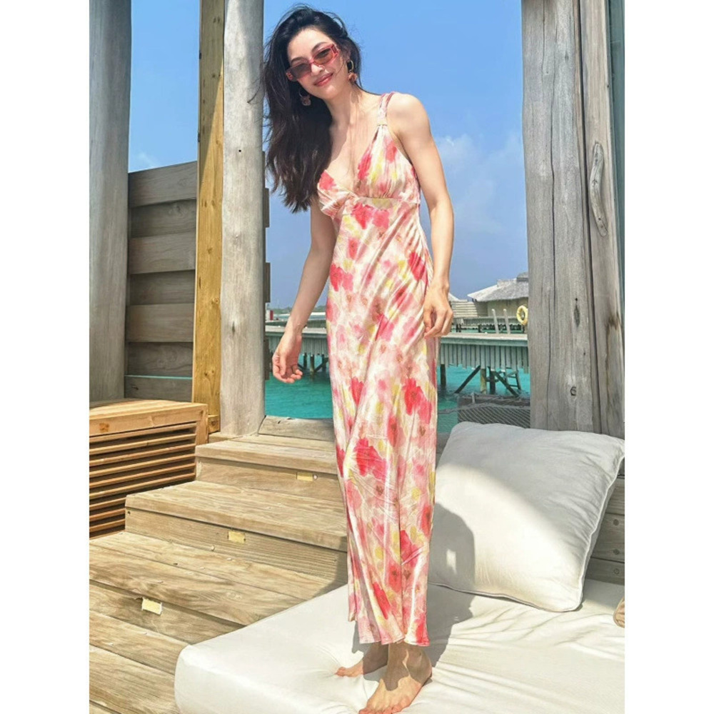 Zara Spring V-Neck Floral Print Resort Slim Maxi Dress